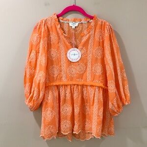 Umgee Top Blouse Orange Women S Eyelet Floral Embroidered Puff Sleeve Boho New